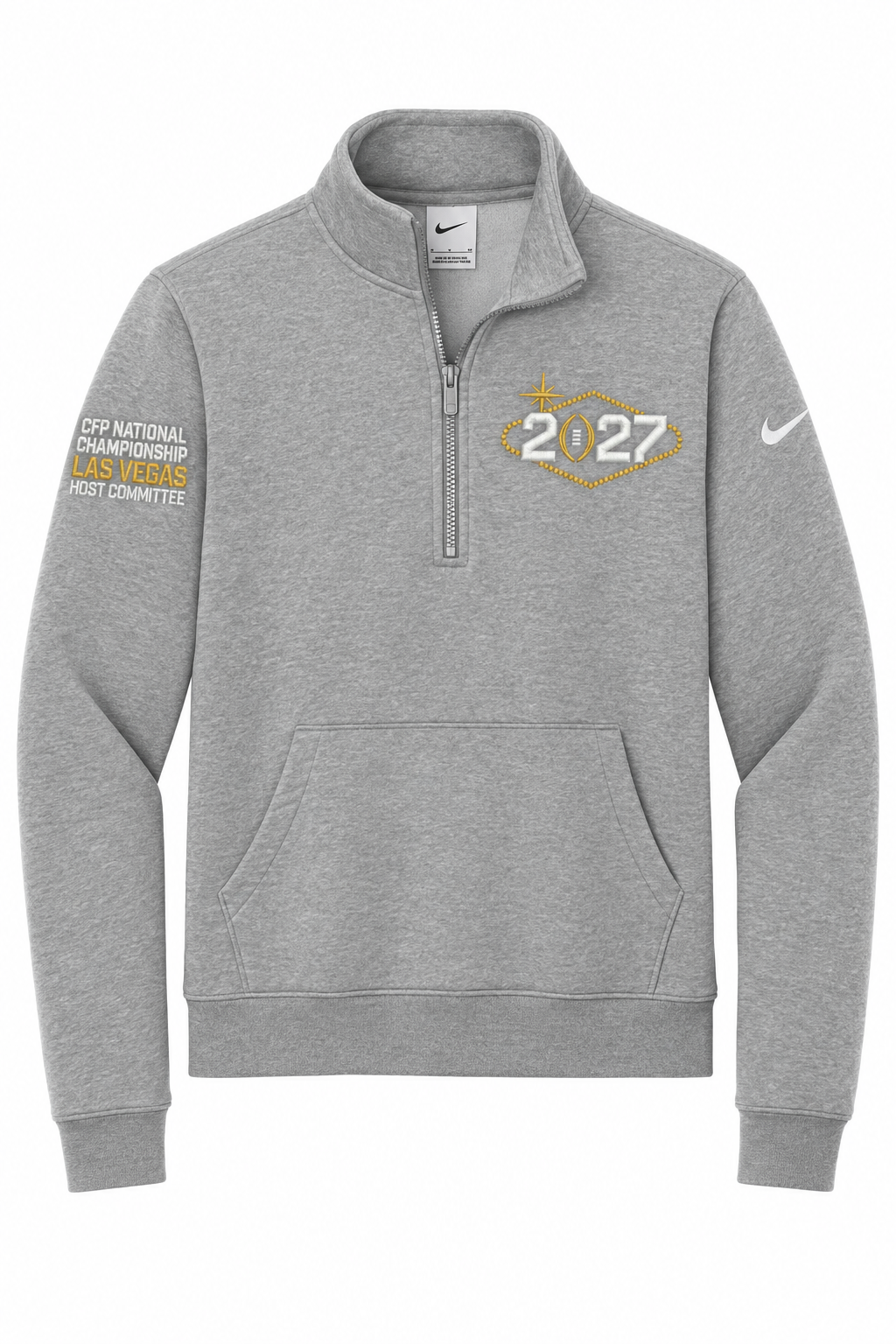 CFP HC 2027 Nike Women's Club Fleece Sleeve Swoosh Half-Zip — Dark Grey Heather embroidery mockup