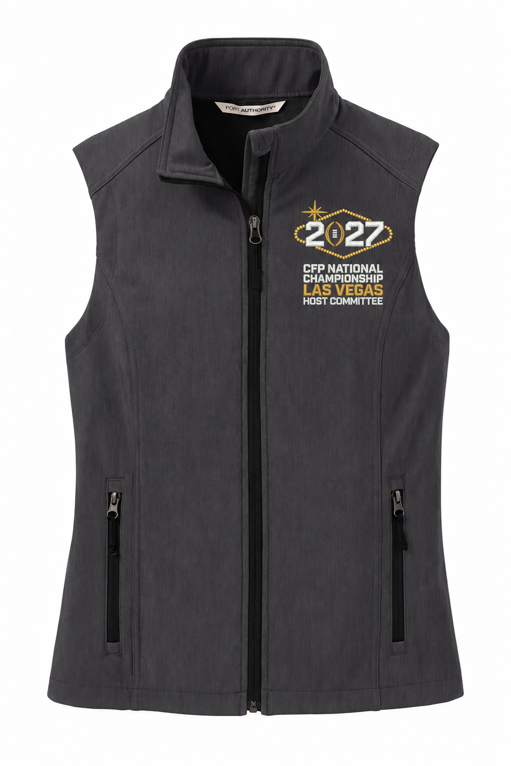 CFP HC 2027 Port Authority Women's Core Soft Shell Vest — Black/Charcoal Heather embroidery mockup